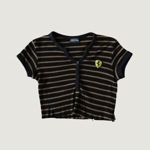 Ferrari Crop Top Black Gold Striped Henley Logo Ribbed Racing Y2K Size 1